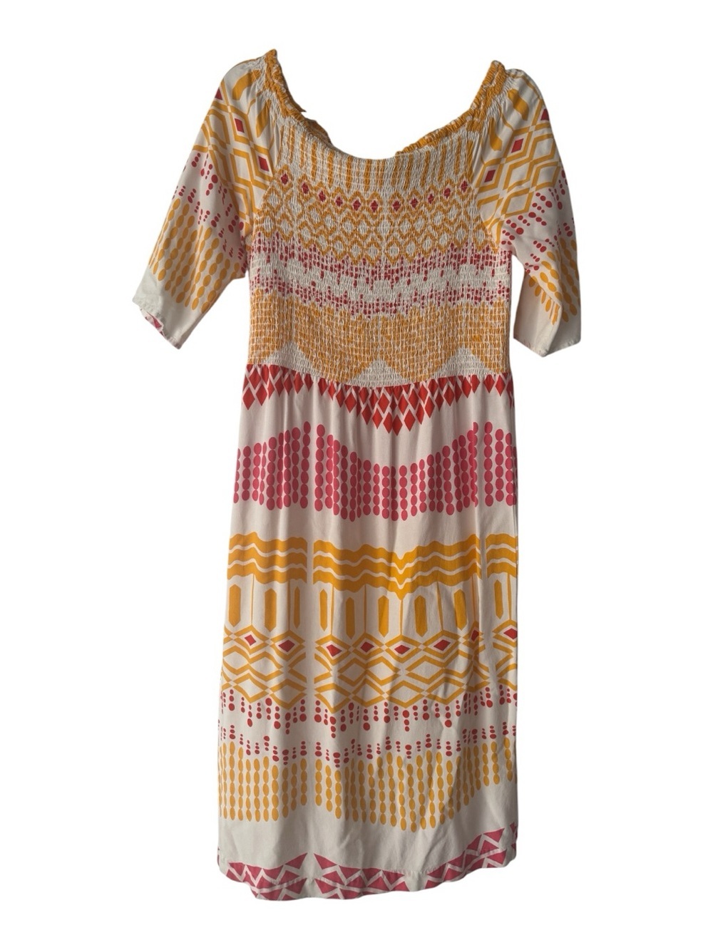 Ashro Off The Shoulder Smocked Maxi Geometric Print Pink Yellow Sun Dress Sz 14